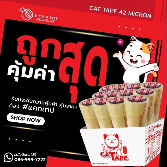 เทปกาวปิดกล่องราคาถูก ตรา CAT TAPE รุ่นประหยัดต้นทุน - เทปราคาถูก ราคาโรงงาน มาดามพัทพริงค์